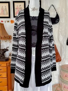 Casual cozy girly Nordic pattern black, white, and grey open cardigan sweater